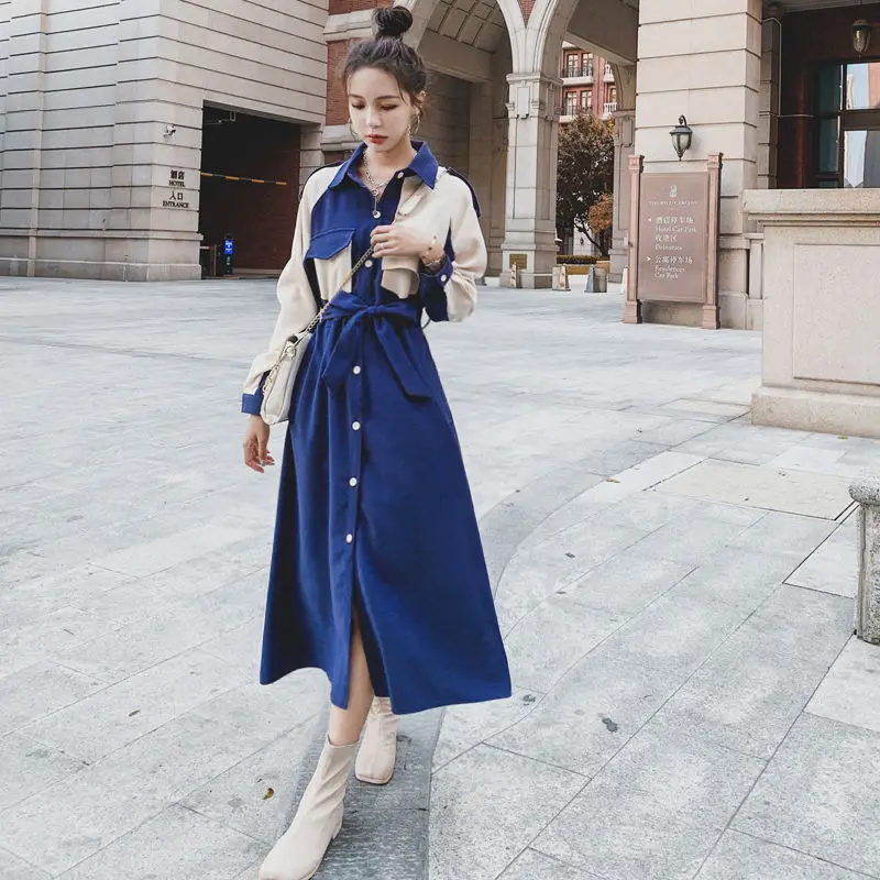 

Women Dress 2021 Female Spring Autumn Long Sleeve Dresses Ladies Splicing Dress Ladies Lace Up Buttons A-line Dress A1223