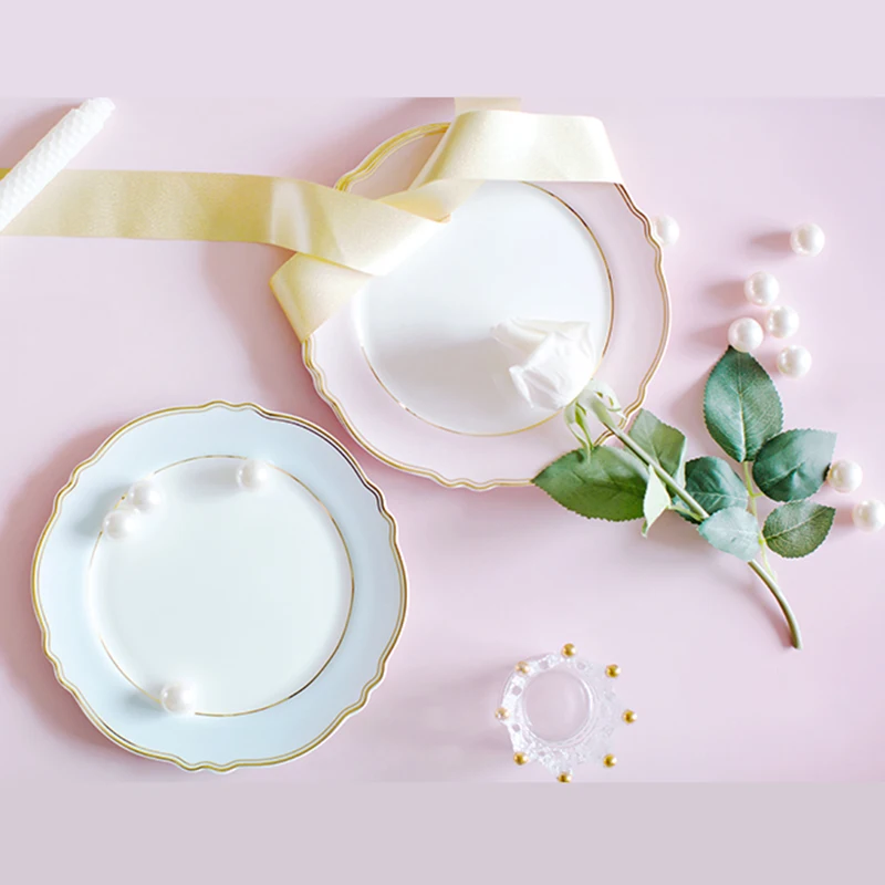 Золотая инкрустация керамическая тарелка форма цветка Десерт Фрукты стейк набор