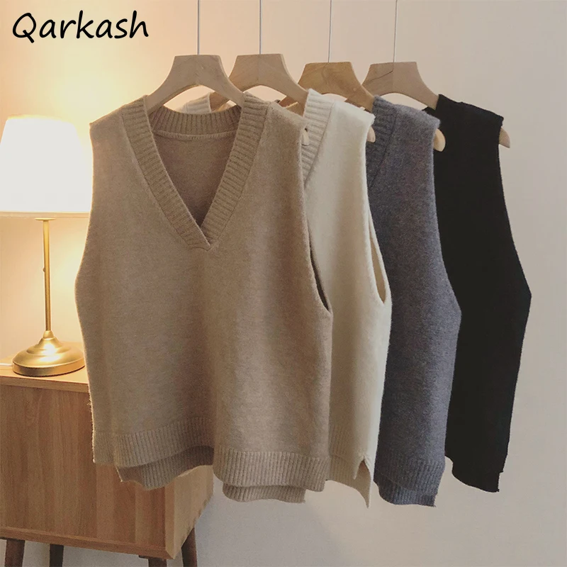 

Sweater Vests Women Solid Color Popular Preppy Student Sleeveless Couple Chic Autumn Daily Retro Knitwear Leisure Basic Ladies