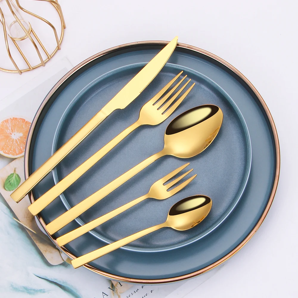 Cutlery Set Gold Stainless Steel 5 Piece with Tea Fork Tableware Dinnerware Spoons Knives Eco Friendly | Дом и сад