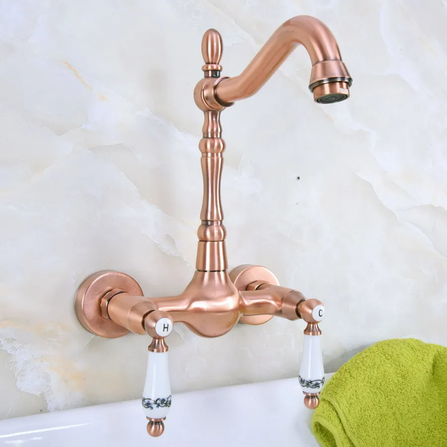 

Antique Copper Two Hole Ceramic Handle Wall Mount Kitchen Bathroom Basin Faucet Sink Hot Cold Mixer Tap Swivel Spout 360' dnf952