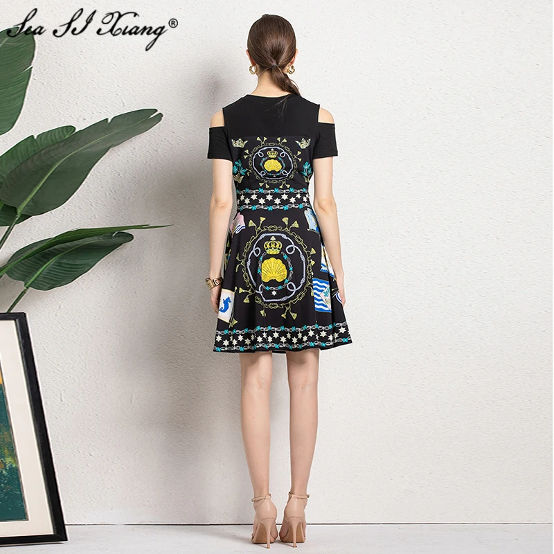 

Seasixiang Fashion Designer Summer Dress Women's O-Neck Off Shoulder Beading Belt Indie Folk Floral Print Dresses 2021New