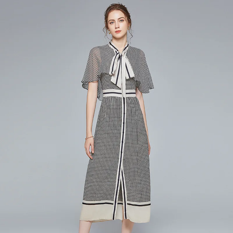 

Spring and autumn women's dress fashion stitching bow tie Cape waist contrast long skirt
