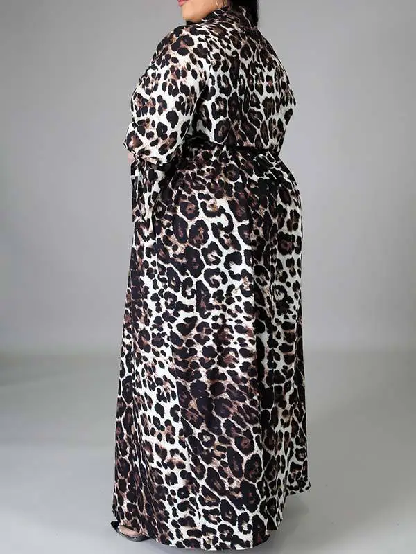 

Plus Size XL-5XL Leopard Print Women Turn-down Collar Floor-length Dress Autumn Lady's Single-breasted Lace-Up Loose Dress
