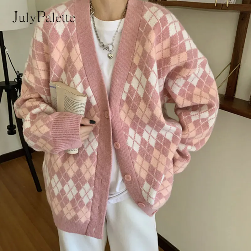 

Julypalette 2021 Осень-Зима Новый женский кардиган вязаный свитер с V-образным вырезом в клетку с длинным рукавом женский свитер свободные розовые ...