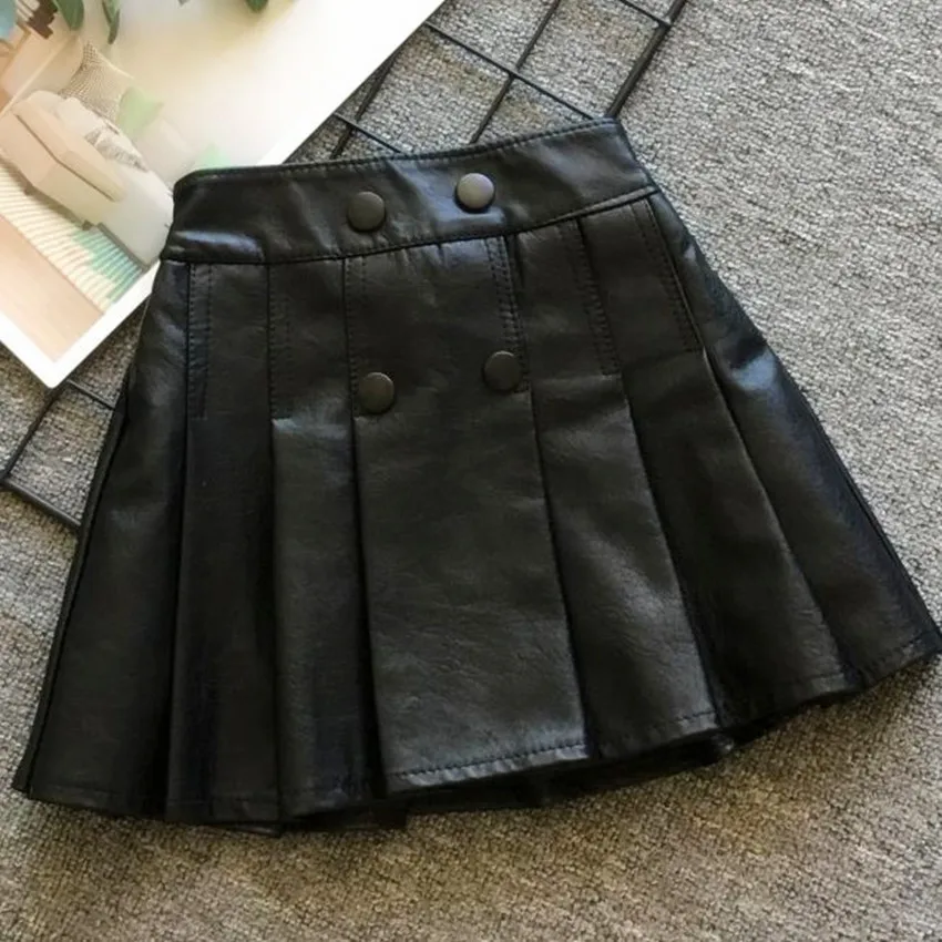 

Girls pu leather pleated skirt 2022 Spring autumn new middle and big children skirt high waist all-matc