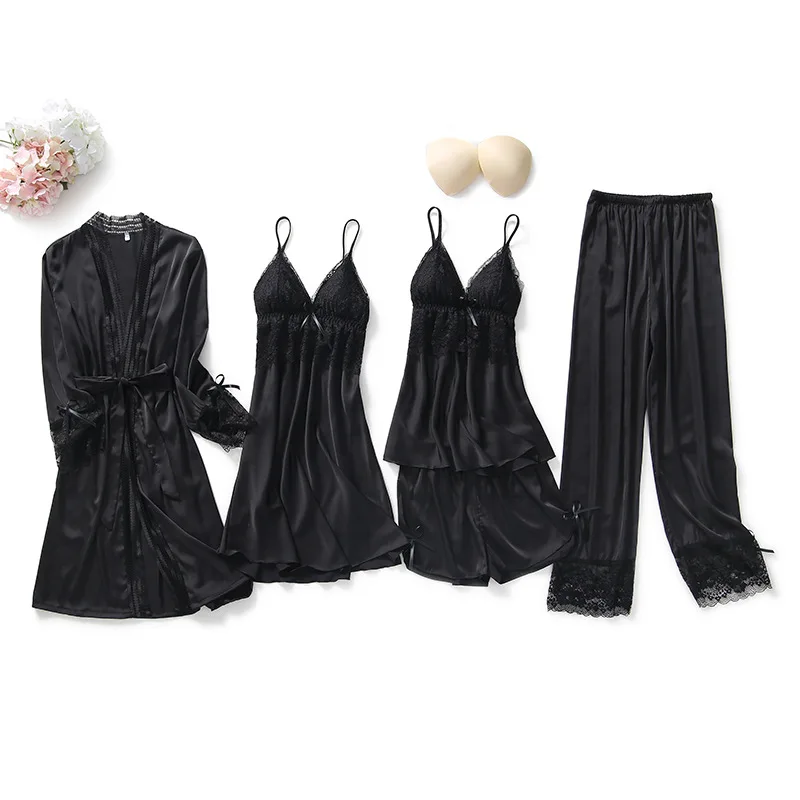 

5Pcs Satin Lace Trim Sleepwear Lady Pajamas Suit Nighty&Robe Set Sexy Intimate Lingerie Casual Bridal Wedding Gift Homewear