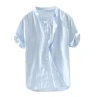 Рубашка мужская мешковатая из хлопка и льна, однотонная, с коротким рукавом, в стиле ретро, #3