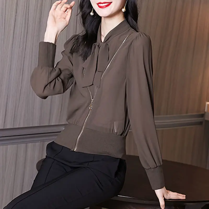 

2021 ladies new shirt spring and autumn French casual western style slim chiffon long-sleeved scarf collar shirt shirt women