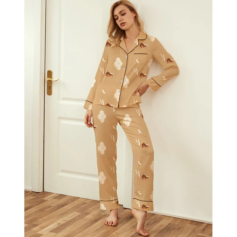 

FZSLCYIYI Summer Printed Satin Long Sleeve Pants Pajama Set Sleepwear Bride Bridesmaid Wedding Nightwear Homewear