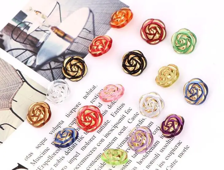 10pcs Crystal Buttons Candy Color Gold Edge Clear Rose Flower Acrylic Buttons for Decoration Handmade Craft Sewing Accessories