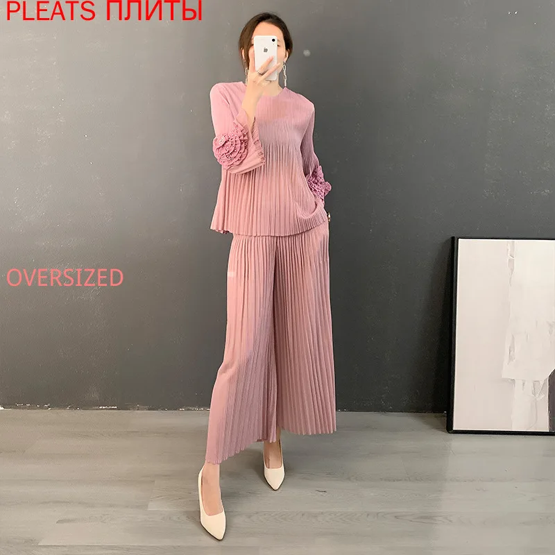 

Модный плиссированный костюм Miyake Goddess Fan топ с рукавами-фонариками и круглым вырезом + плиссированная юбка с широкими штанинами комплект из двух предметов