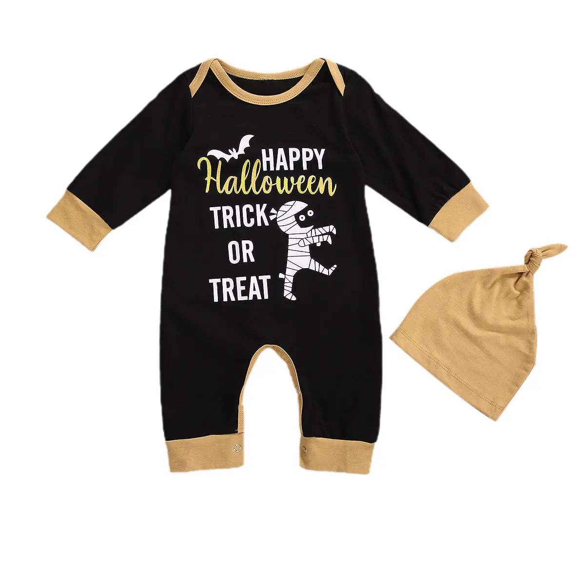 

0-12M Newborn Baby Boys Halloween Rompers Infant Cartoon Print Long Sleeve Jumpsuits One Piece Autumn +Hat 2Pcs Casual Outfits
