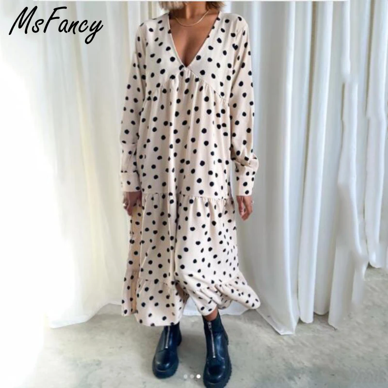 

Msfancy Dot Print Long Dress Women 2021 V-neck Long Sleeve Plus Size Vestidos De Mujer Casual Ruffles Robes