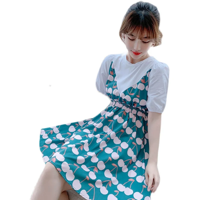 

COIGARSAM French Style Chiffon Women dress New Summer Puff Sleeve Spaghetti Strap Dresses 2142