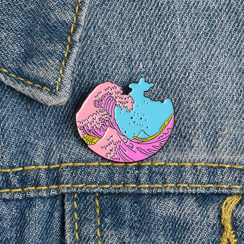 Мультфильм значок розовая волна Броши для женщин креативный океан Эмаль Булавка