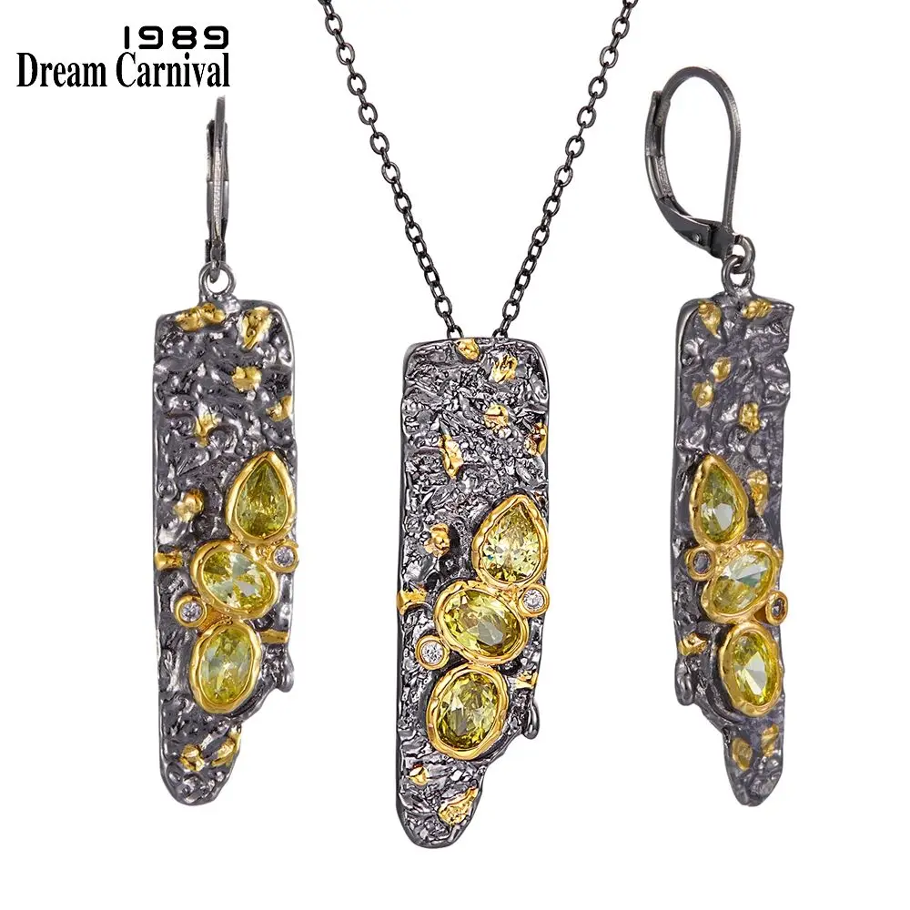DreamCarnival1989-Conjunto de collar y pendientes góticos para mujer, Color negro dorado, Vintage, único, Olivino, CZ EP3992S2