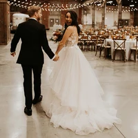 Strappy V Neckline Sheer Tulle Appliques Industrial Wedding Dress Plus Size Open Back Lace Gossamer Asymmetrical Bridal Ballgown