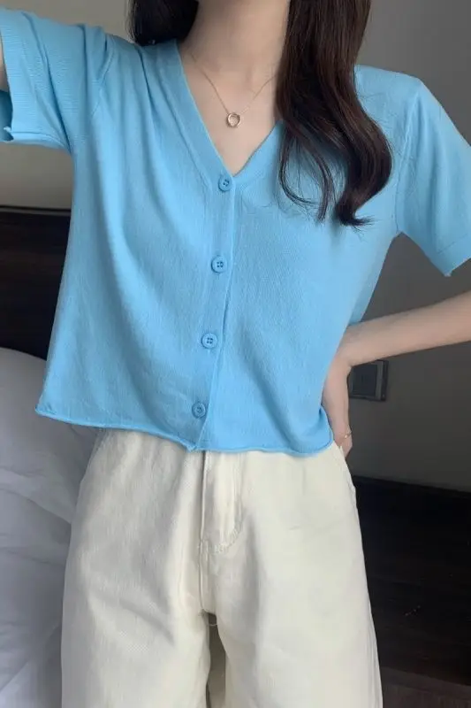 

65% viscose 35% polyester short sleeve T-shirt women's cardigan top 8479#p30