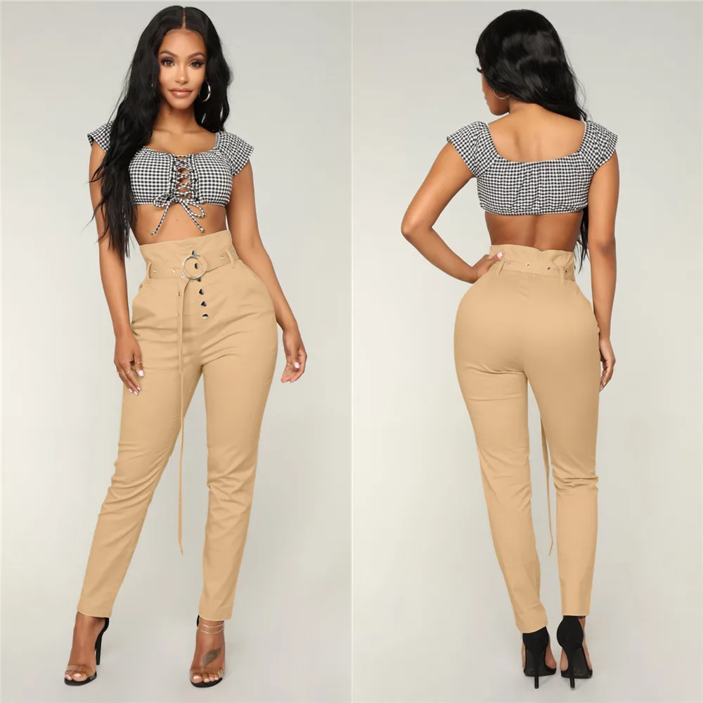 

2021 new women's pants slim high waist single-breasted solid color feet pants with belt