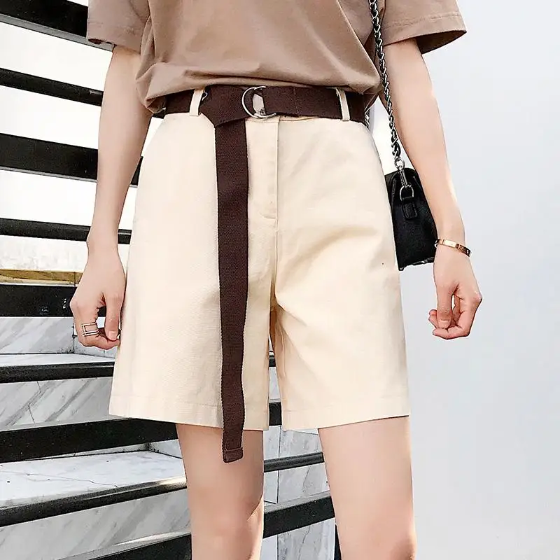 With Belt Summer Cuff Cargo Shorts Solid High Waist Plain Lounge Shorts Wide Leg Soft Knee Length Bermuda Short Women Activewear