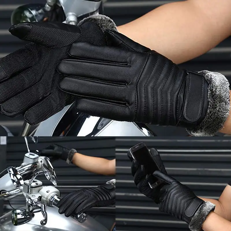 

Mens Long Leather Gloves Wool Warm Touchscreen Gloves Waterproof Fur Mittens Heated Cashmere Gloves Motorcycle Gants 2019 Winter