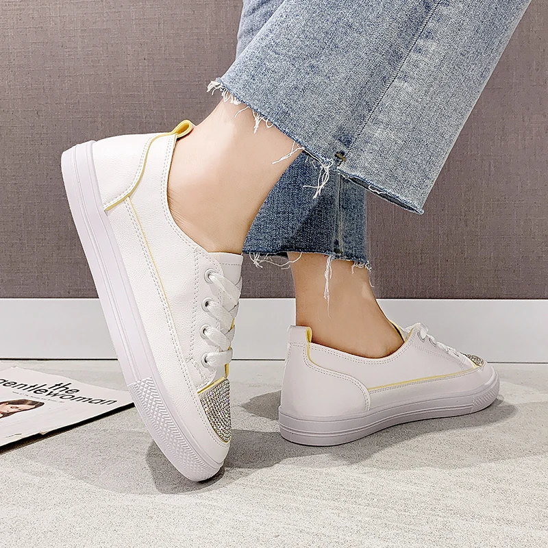 

Flat Heels Silver Crystal Shoes Woman 2019 Autumn Summer Shining Rhinestones Lace Up Sneakers Back To School Walking Flat Casual