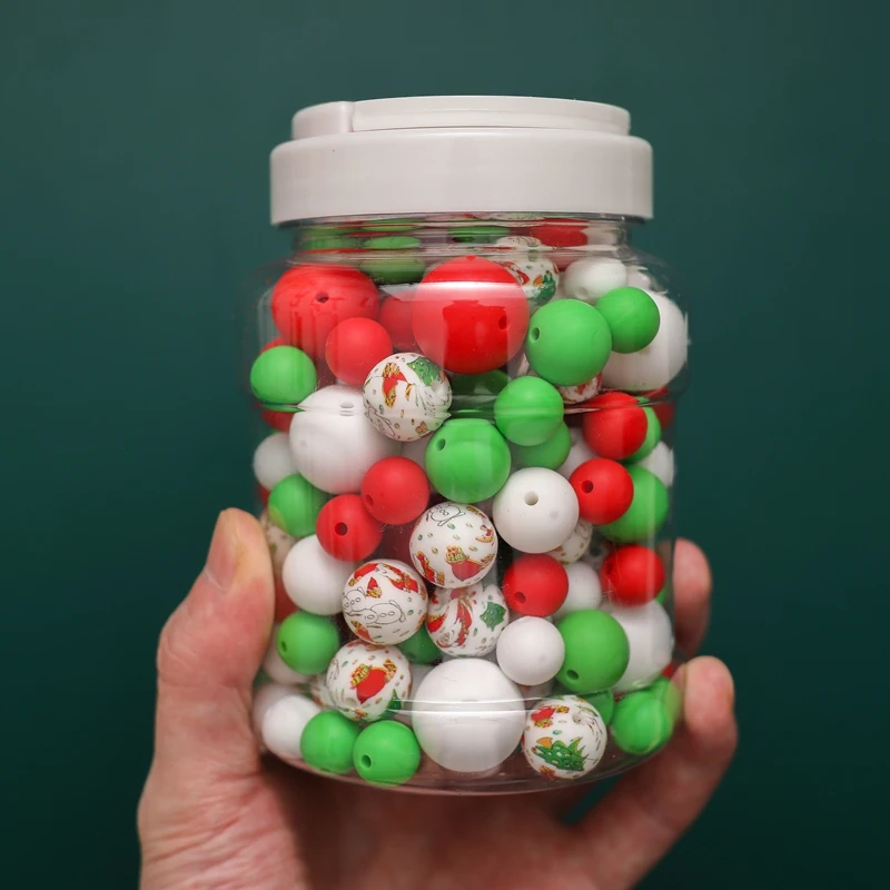 200pcs  Christmas Print Beads Baby Silicone Beads For Pacifier Clip Diy Necklace Accessories Food Grade Bead Teething Baby Goods