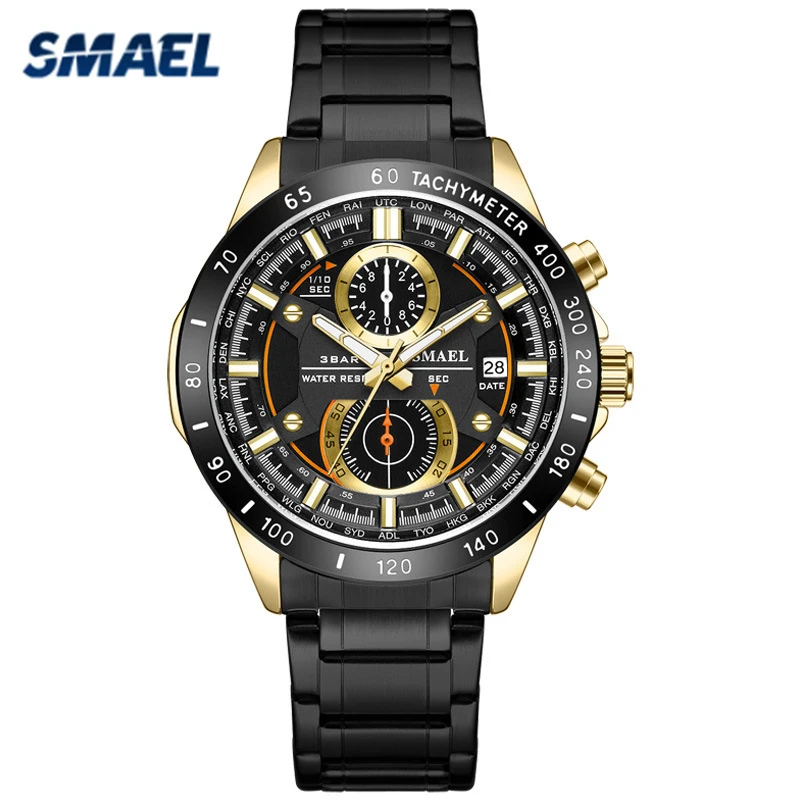 

SMAEL Watch Mens Luxury Fashion Sport Wristwatch Male Black Gold Watches Tachymeter Dial Life Waterproof Quartz Wirstwatch