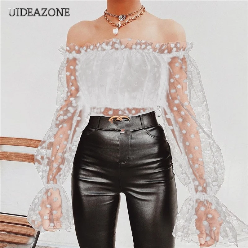

UIDEAZONE Off Shoulder Mesh Patchwork Women Crop Blouse Long Sleeve Polka Dot Lace Backless Female Tops Spring See Through