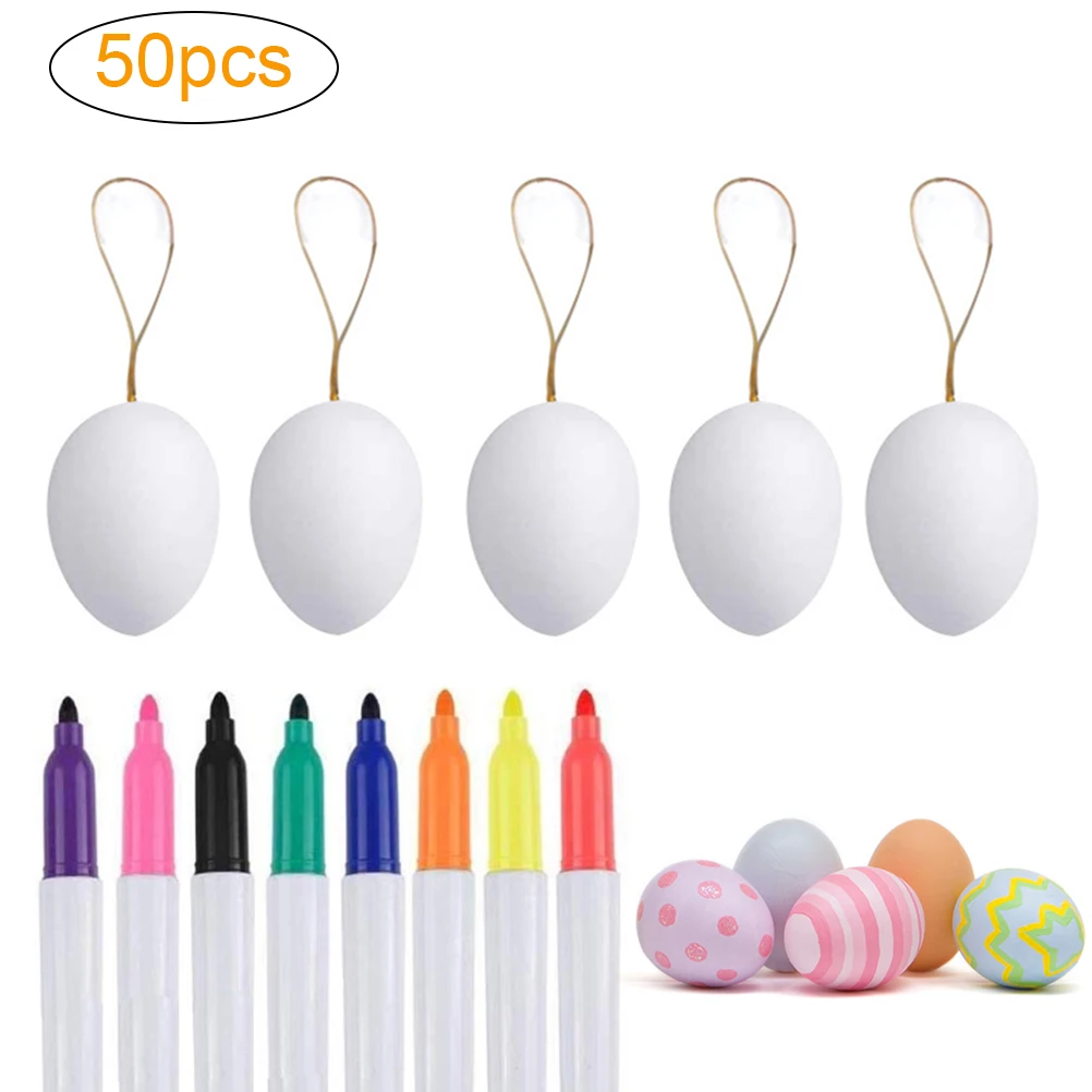 

50pcs Plastic White Easter Eggs with Hanging Rope Toys Children Pendants Ornaments Easter DIY Painting Eggs with 8 Color Pens