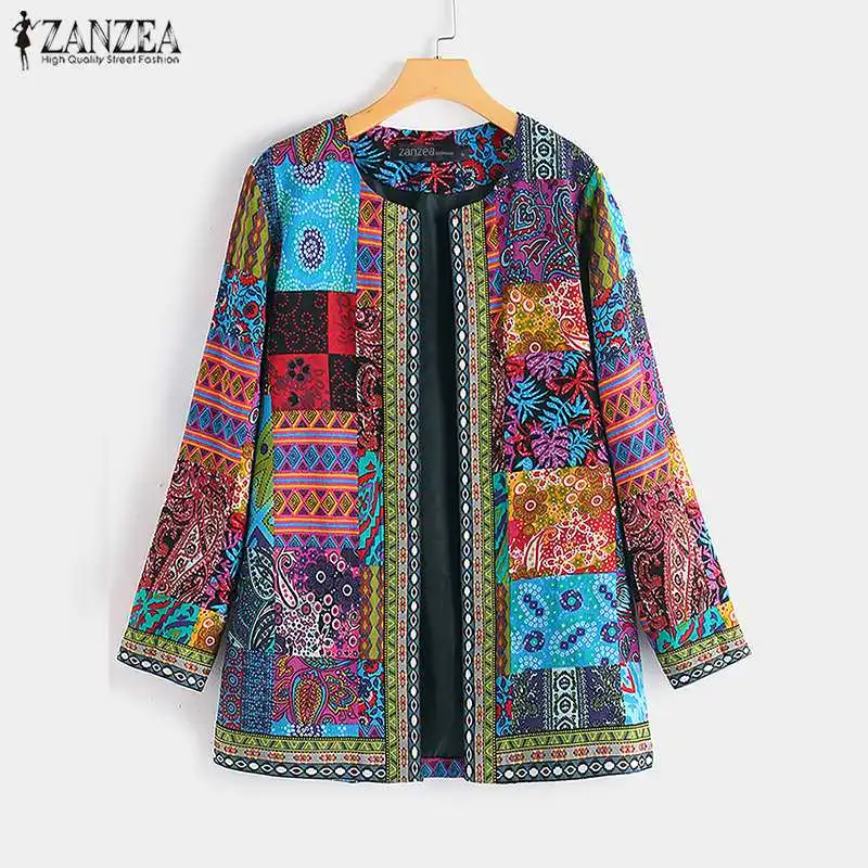 ZANZEA, этнический кардиган с принтом, тонкое пальто, длинный рукав, Blusas, женские куртки,, повседневное, с круглым вырезом, с открытым швом, пальто размера плюс