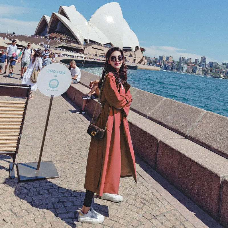 

2020 New Fashion Cardigan Windbreaker Coat Female British Spring Autumn Long Trench Coat For Women Slim Belt Outerwear Blue Y454