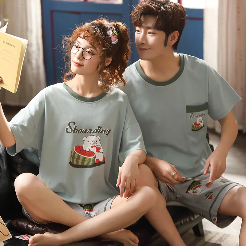 Новые летние пижамы для пар с мультяшным принтом шорты коротким рукавом