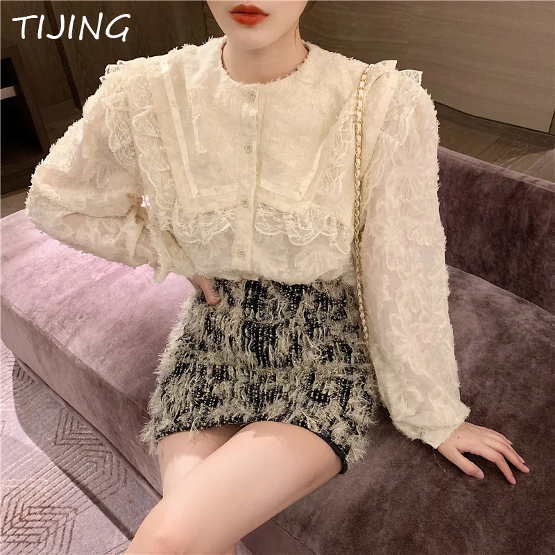 Осенняя модная женская блузка с длинным рукавом белые кружевные топы летние