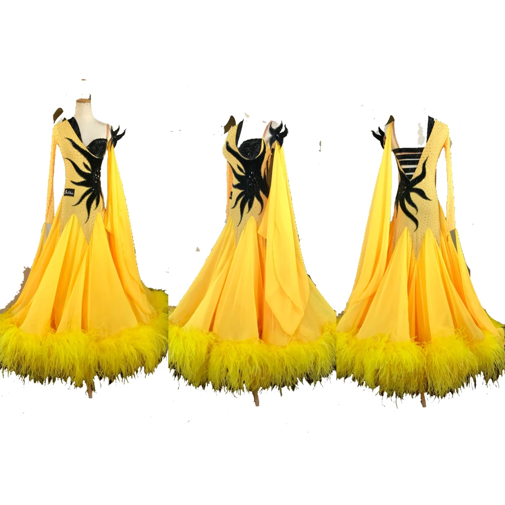 

Ballroom Dance Dress Ballroom Dance Competition Dresses Yellow Modern Waltz Tango Dance Dress Ostrich Feather Dress