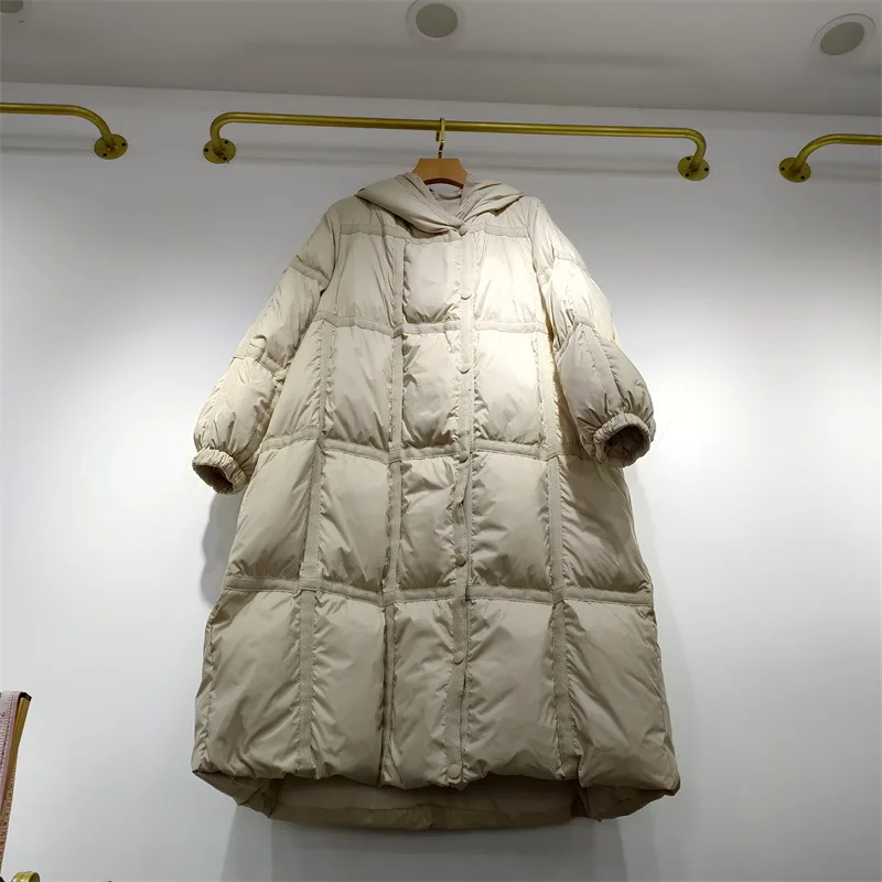 

Новинка 2021, женский пуховик большого размера, свободная длинная теплая однобортная зимняя куртка выше колена с капюшоном