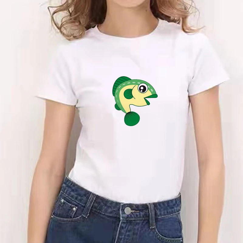 

Fish Printed T-Shirt FemaleAesthetic White T-Shirt 90s Cute Art Tee Hipster Kawaii Cartoon Graphic Tshirts Girls Tops Tees