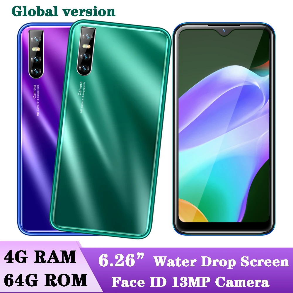 

9X Water Drop Screen Android 2SIM Celulares Phone 4GB RAM 64GB ROM Quad Core smartphones 6.26" Mobile phones Face ID Unlocked