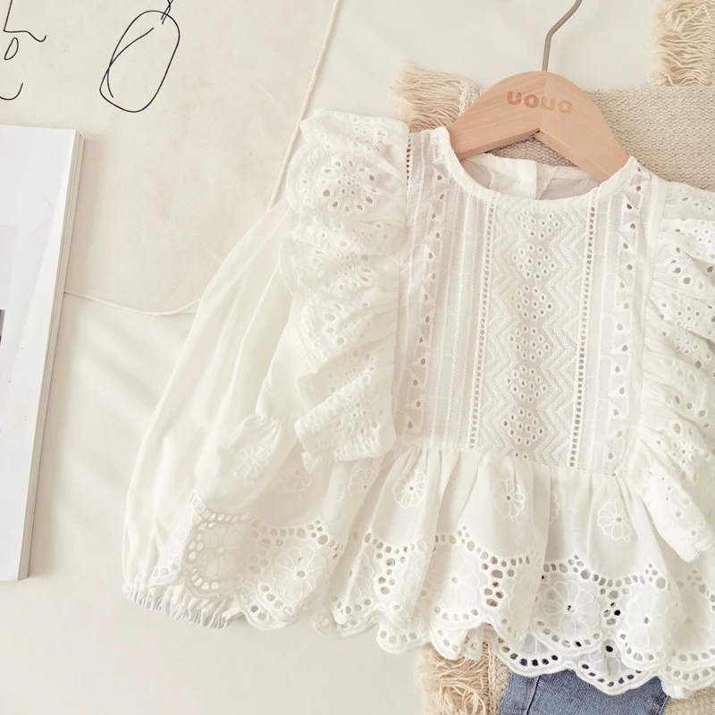 

Lace Shirts for Teenage Girls Spring Cotton Kids Tops Fashion White Shirt for Children Long Sleeve Clothing 12M-8 Years 2021