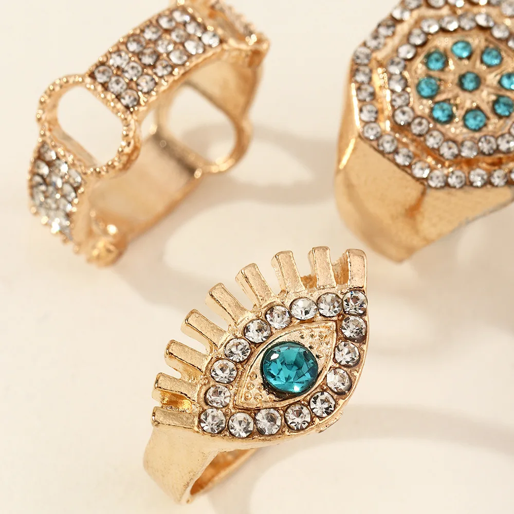 

4 Pcs/set Personality Bohemian Crystal Drops Geometry Demon Eye Hollow Gold Ring Set Charm Woman Party Wedding Fashion Jewelry
