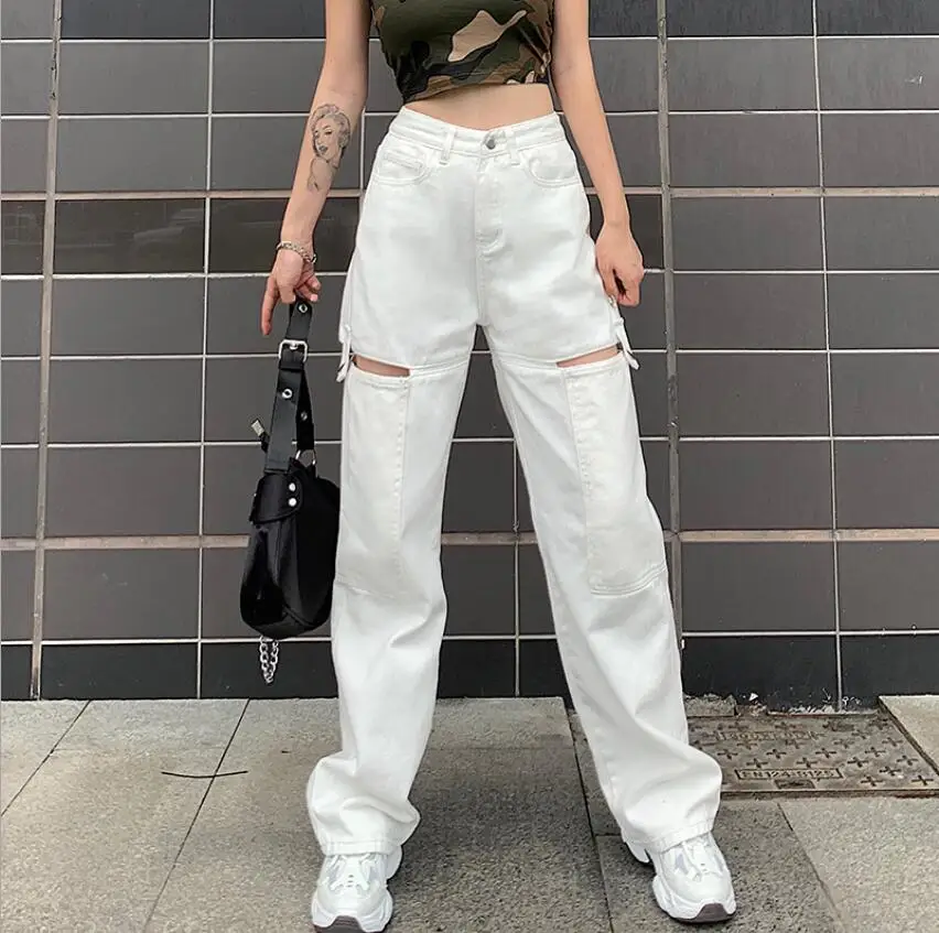 

Whiter Jeans Women 2020 Autumn Personalized hollow drape Denim Straight pants High waist female fashion Denim trousers p1835