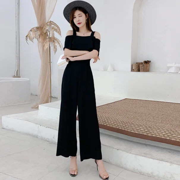 2019 женский летний элегантный комбинезон со складками с открытыми плечами в