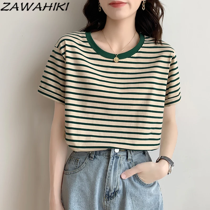 

ZAWAHIKI Tshirt O Neck Vintage Casual Sweet Short Sleeved T-shirt Women Loose Fashion T Shirt New Preppy Green Striped Thin Tops