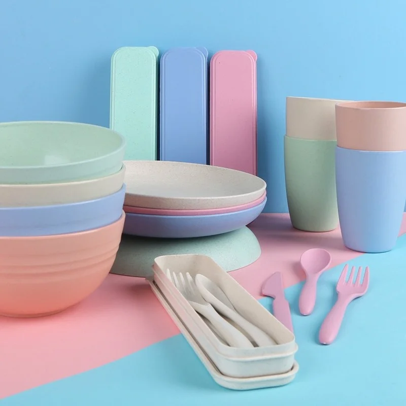 

16PCS Wheat Straw Tableware Set Chirldren Adult Spoon Fruit Fork Cup Salad Soup Bowl Plate Dishware Kitchen Reusable Household