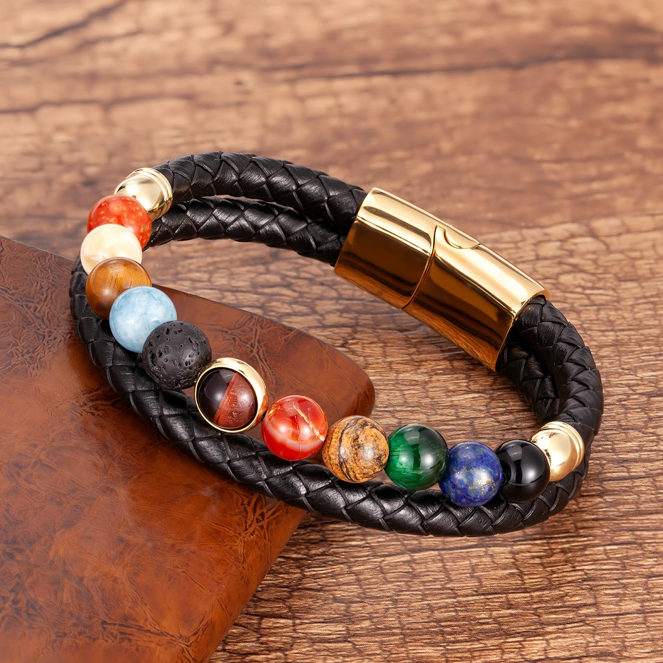 

2021 New Eight Planets Natural Stone Leather Bracelet Universe Chakra Galaxy Solar System Beads Bracelets For Men Women Jewelry