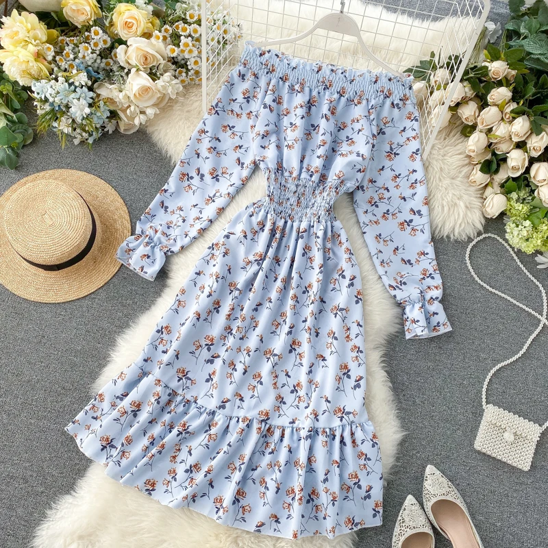 Модное платье с открытыми плечами весна тонкие летние туфли на танкетке и