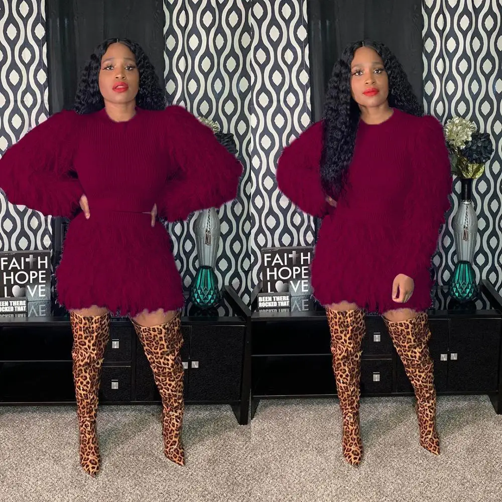 Зимний свитер с бахромой шерстяной костюм из 2 предметов юбка длинным рукавом