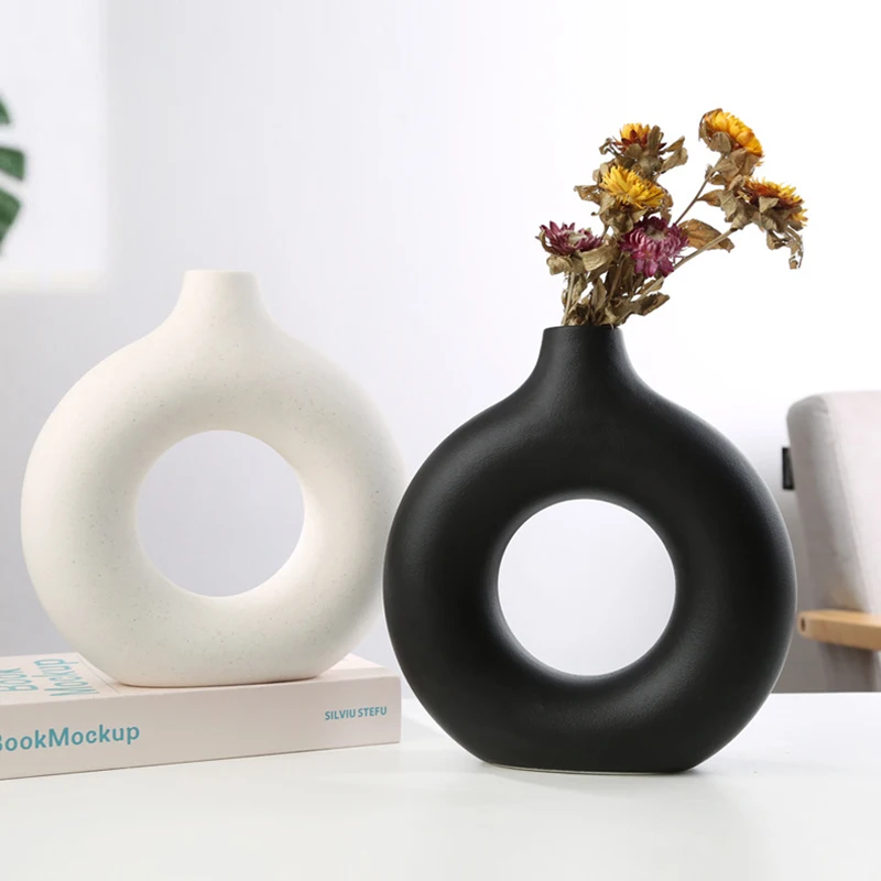 

Round Hollow Ceramic Vase Donut Flower Pot Home Decor Accessories Desk Living Room Flower Arrangement Interior Decoration Gifta