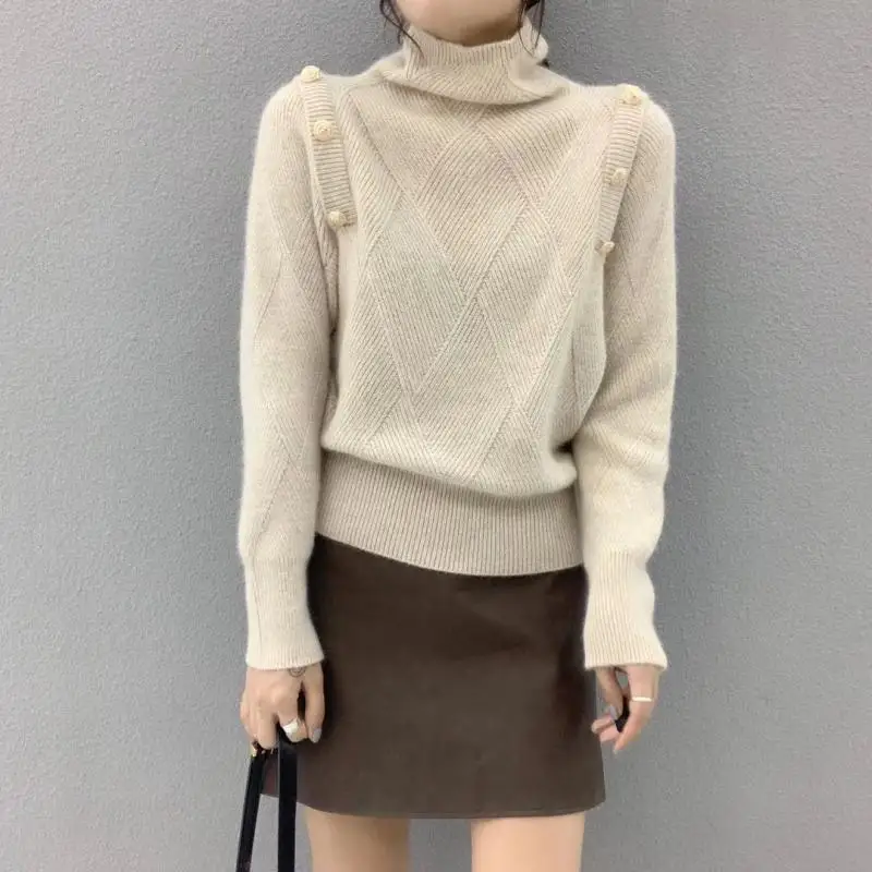 

High collar handmade metal buckle diamond pattern loose pullover Joker sweater women winter
